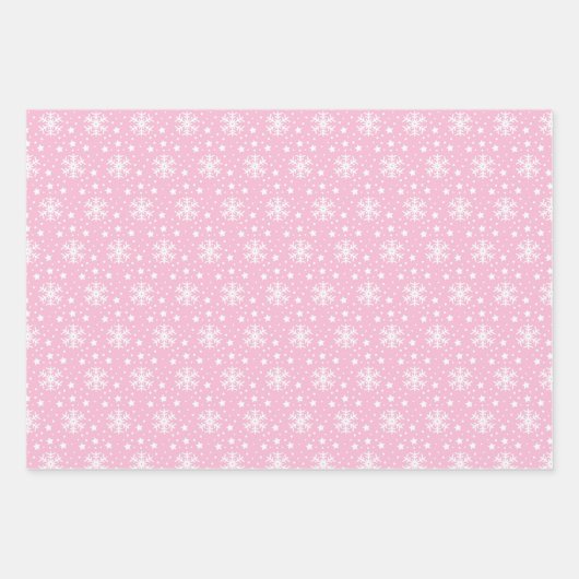 3 Roze coördinerende Snowflake-kerstcadeaus Inpakpapier Vel (Voorkant)
