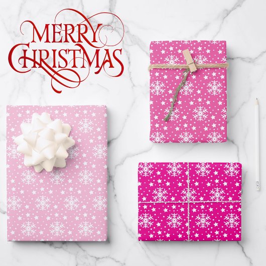 3 Roze coördinerende Snowflake-kerstcadeaus Inpakpapier Vel