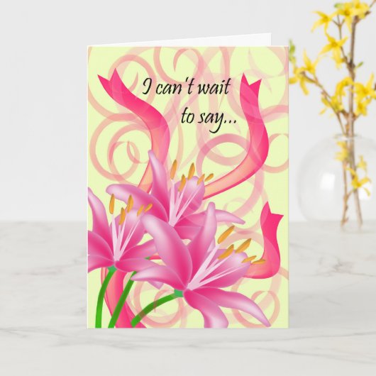 3 roze lelies met linten en wervelingen kaart (Gele Bloem)