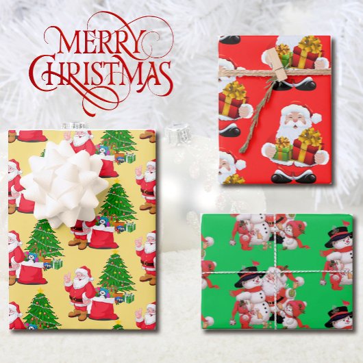 3 Santa Claus Red Green Background  Gift Inpakpapier Vel