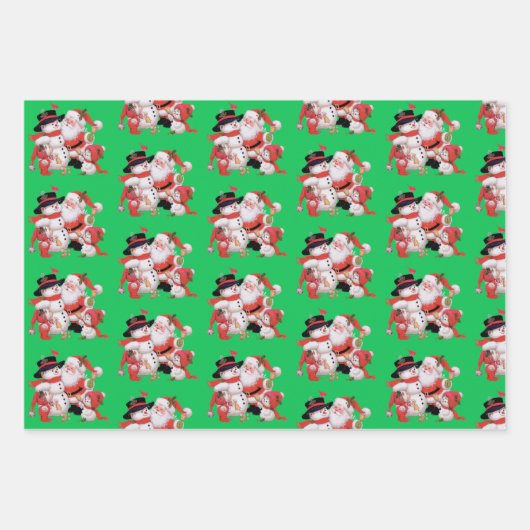 3 Santa Claus Red Green Background  Gift Inpakpapier Vel (Voorkant 3)