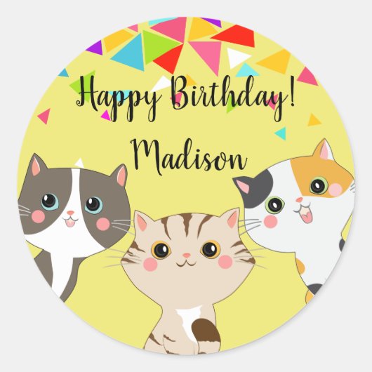 3 Schattig Kat Happy Birthday Ronde Sticker (Voorkant)