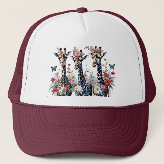 3 Schattige Giraffes met bloemen Trucker Pet (Voorkant)