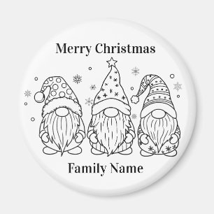 3 Schattige Kerstkabouters Lijntekening Zwart Wit Magneet
