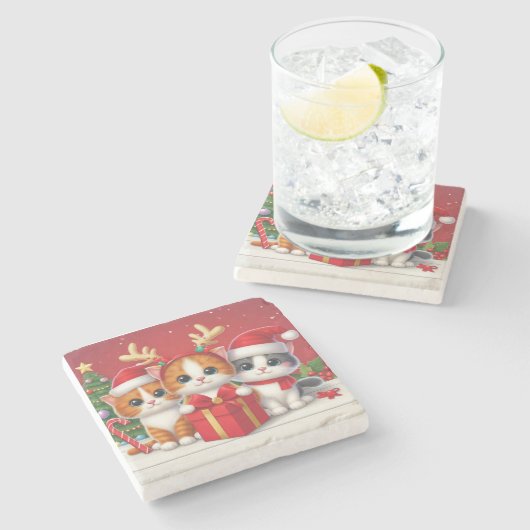 3 Schattigee Kerstkatten illustratie Stenen Onderzetter (Zijkant)