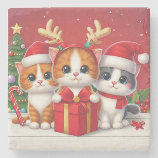 3 Schattigee Kerstkatten illustratie Stenen Onderzetter (Voorkant)
