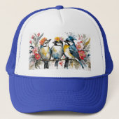 3 Schattigee Vogels Chatten op een Tak in Bloemenk Trucker Pet (Voorkant)