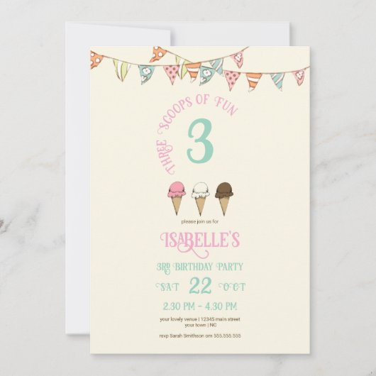 3 Scoops of Fun 3rd Birthday Ice Cream Party Kaart (Voorkant)