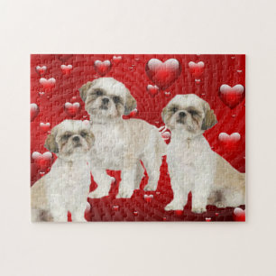 3 Shih Tzu Puppies met hartachtergrond Legpuzzel