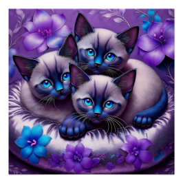 3 Siamese Kittens Paarse Bloemen Zilveren Kussen Perfect Poster