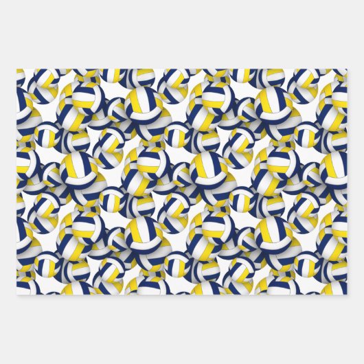 3 st volleybal patronen coördinerend blauw goud inpakpapier vel (Voorkant)