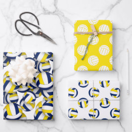 3 st volleybal patronen coördinerend blauw goud inpakpapier vel