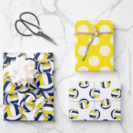 3 st volleybal patronen coördinerend blauw goud inpakpapier vel (Voorkant)