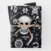 3 st. Zwart & wit schedel inpakpapier (In situ)