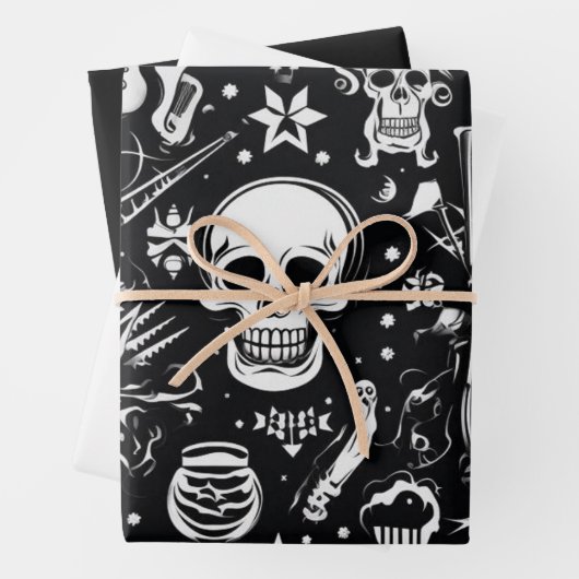 3 st. Zwart & wit schedel inpakpapier (In situ)