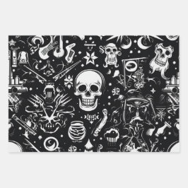 3 st. Zwart & wit schedel inpakpapier