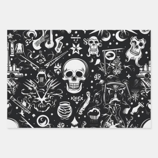 3 st. Zwart & wit schedel inpakpapier (Voorkant)