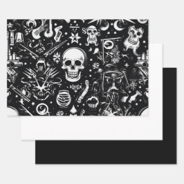 3 st. Zwart & wit schedel inpakpapier Vel