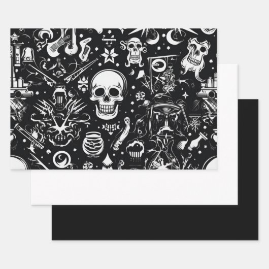 3 st. Zwart & wit schedel inpakpapier Vel (Set)