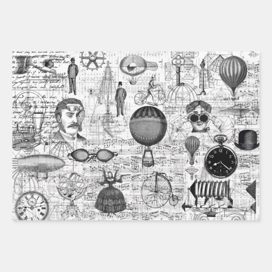 3 Steampunk Collage Ephemera Sheets Inpakpapier Vel (Voorkant 3)