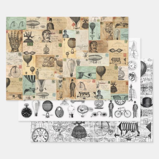 3 Steampunk Collage Ephemera Sheets Inpakpapier Vel (Set)