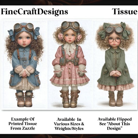 3 Steampunk Girl Dolls, DT4L Decoupage Tissuepapier