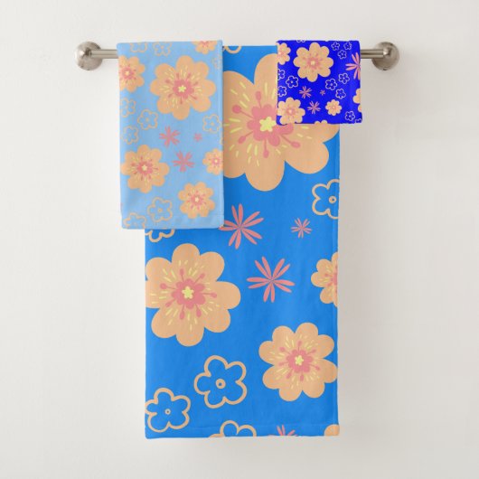 3 Stel blauw Oranje handdoekjes met flespatroon in Bad Handdoek (Insitu)