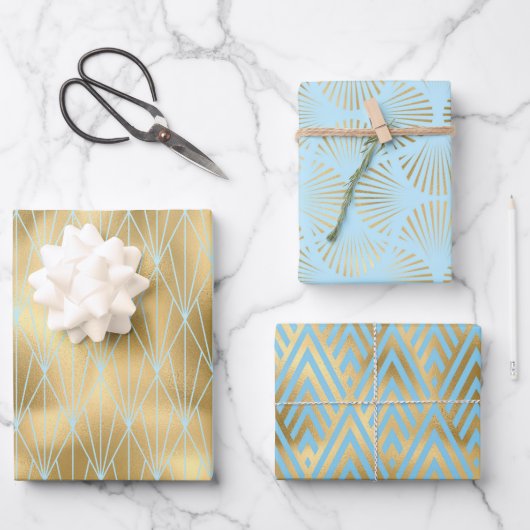 3 Stijlen met gouden, Blauwgroen en lichte blauwe  Inpakpapier Vel (Voorkant)
