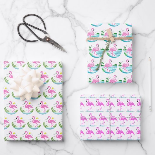 3 Tropisch roze Flamingo patronen Inpakpapier Vel (Voorkant)