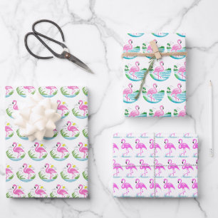 3 Tropische Roze Flamingo Patronen Inpakpapier Vel