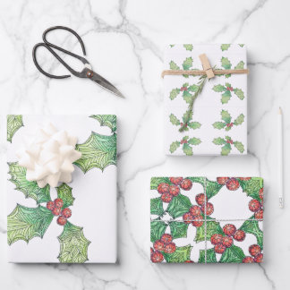 3 vellen cadeaupapier Holly Jolly
