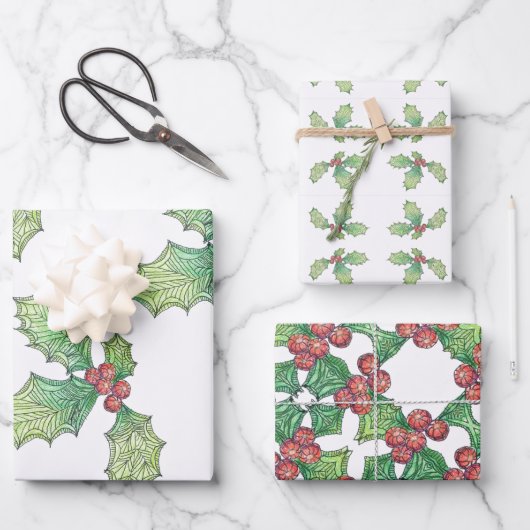 3 vellen cadeaupapier Holly Jolly (Voorkant)