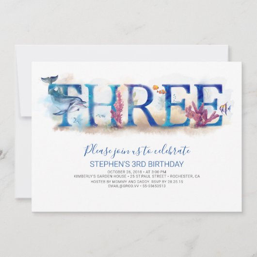 3 Verjaardagsuitnodiging onder het Zee Dolfijn Kaart (Voorkant)