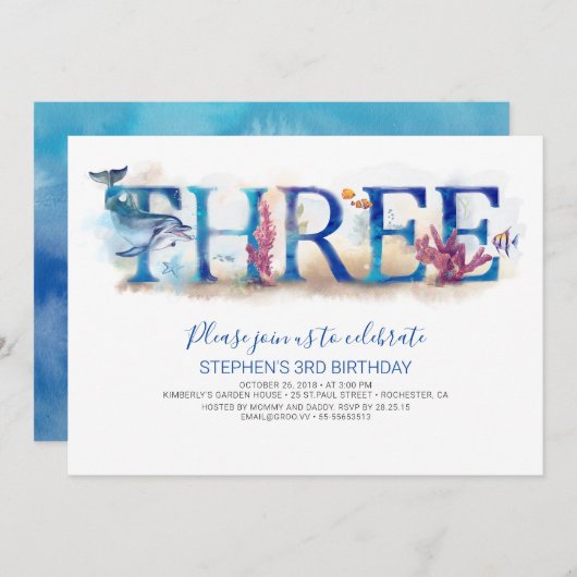 3 Verjaardagsuitnodiging onder het Zee Dolfijn Kaart (Voorkant / Achterkant)