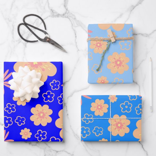 3 Verpakking Blauw Oranje Floral Patroon Inpakpapier Vel (Voorkant)