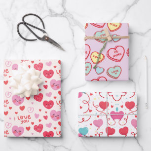3 Verschillend roze rood hartpatroon Inpakpapier Vel
