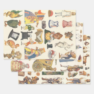 3 Verschillende  Dollscènes voor Victoriaans papie Inpakpapier Vel