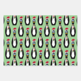 3 verschillende Funny Penguin Kerstmis Inpakpapier Vel