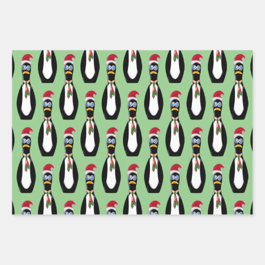 3 verschillende Funny Penguin Kerstmis Inpakpapier Vel (Voorkant)