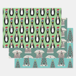 3 verschillende Funny Penguin Kerstmis Inpakpapier Vel