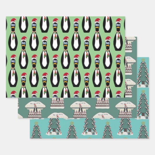 3 verschillende Funny Penguin Kerstmis Inpakpapier Vel (Set)