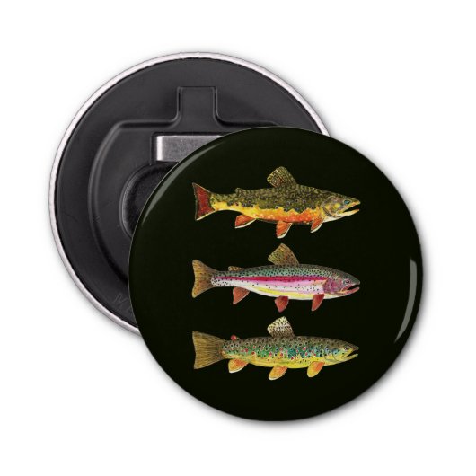 3 Vetforel voor Anglers en Ichthyologen Button Flesopener (Voorkant)