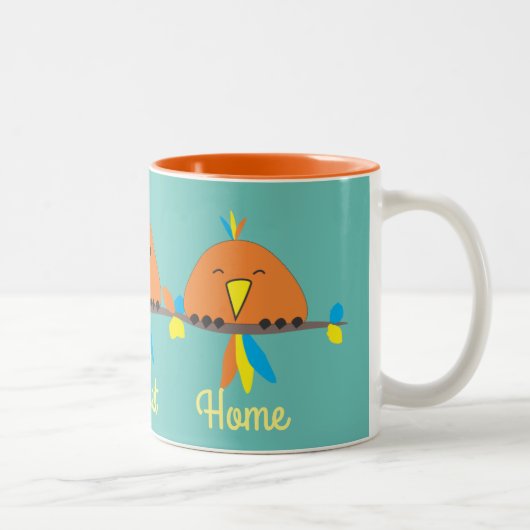 3 vogels op een Wire Home Tweet Home Tweekleurige Koffiemok (Rechts)