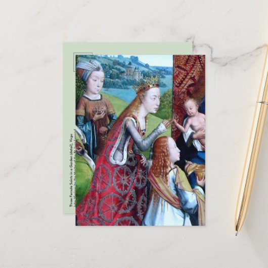 3 Vrouw Zagen in een tuin (detail; M 070) Briefkaart (Voorkant / Achterkant in situ)