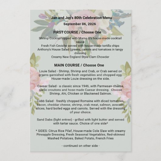 3&w/achtergrond + bloem Verjaardagsdiner Menu (Voorkant)