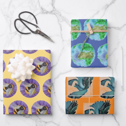 3 Waterverven Bumble Bee Planet Earth Betta Fish Inpakpapier Vel (Voorkant)