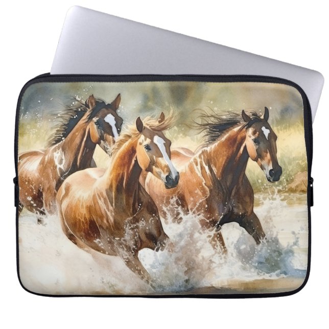 3 Wilde Paarden Stroom Aquarel Schildering Laptop Sleeve (Voorkant)