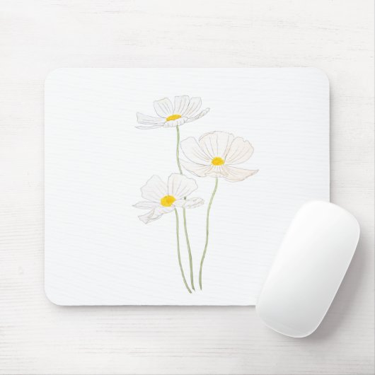 3 witte kosmosbloemen inkt en waterverf muismat (Met muis)