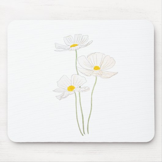 3 witte kosmosbloemen inkt en waterverf muismat (Voorkant)
