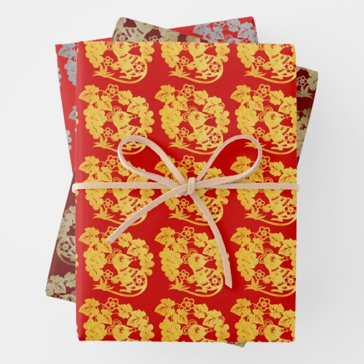3 WP Chinese papiersnit Rat met druivenKies Kleur Inpakpapier Vel (In situ)